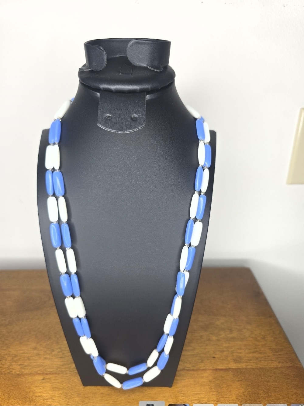 Vintage Mid Century Lucite Blue and White Two-Tone Beaded Necklace Hong Kong